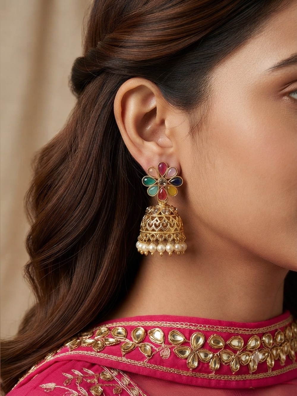 Gold Tone Navratna Jhumka Earrings | Multicolor Enamel Floral Indian Jewelry